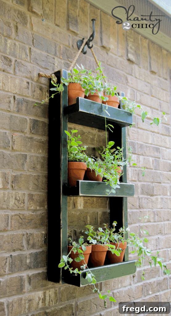 DIY One Hour Wood Wall Planter 14 Close-up of terracotta pots filled with vibrant Vinca vine placed on the shelves of the newly hung wood wall planter.