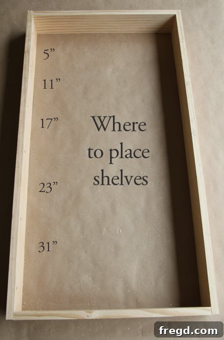 Shelf Placement Guide Diagram showing precise measurements for shelf placement within the spice rack