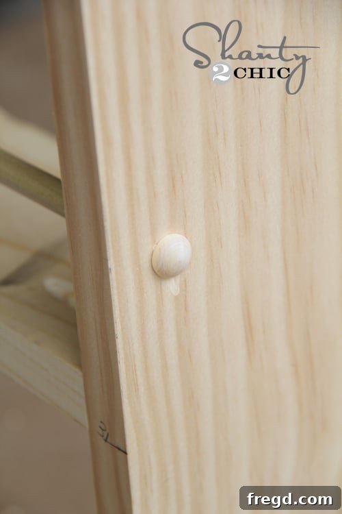 Dowel Buttons Installed Dowel buttons neatly covering the dowel holes on the side of the spice rack
