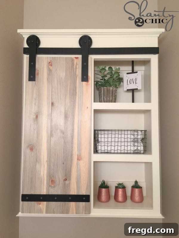 Completed DIY Sliding Barn Door Bathroom Cabinet