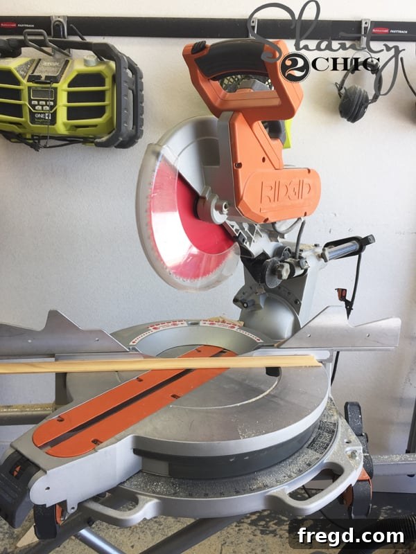 Making the second 45-degree cut on cove molding with a miter saw