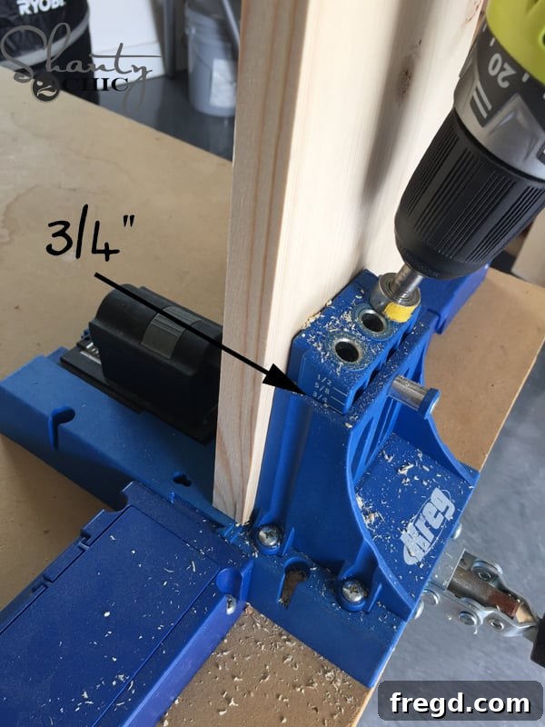 Drilling pocket holes for the cabinet frame