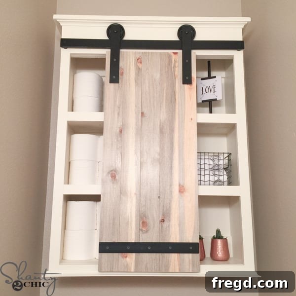 Bathroom Storage Cabinet DIY with sliding barn door partially open