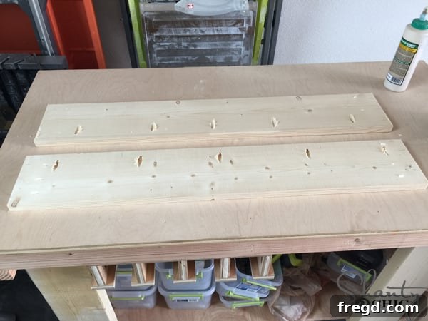 Pocket holes in front and back top pieces of the cabinet frame