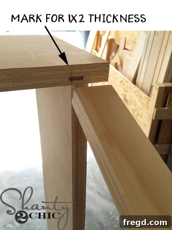 Marking for face frame thickness to position bottom shelf