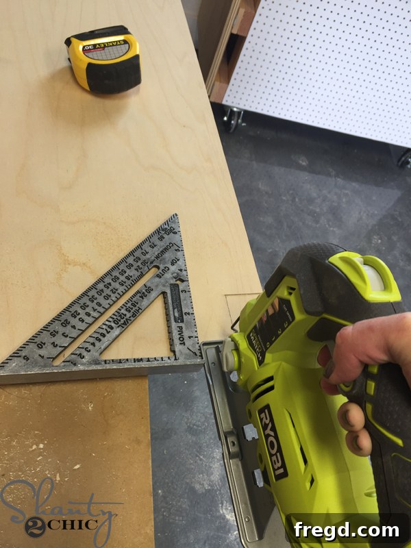 Optimizing My Sliding Barn Door Media Console with Custom Shelving 4 Cutting the Corner for the Toe Kick with a Jigsaw