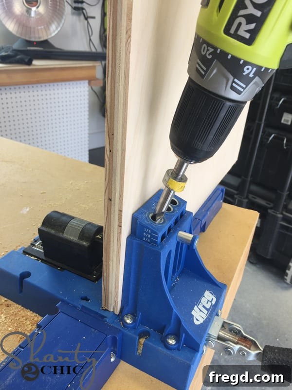 Optimizing My Sliding Barn Door Media Console with Custom Shelving 8 Drilling Pocket Holes with a Kreg Jig