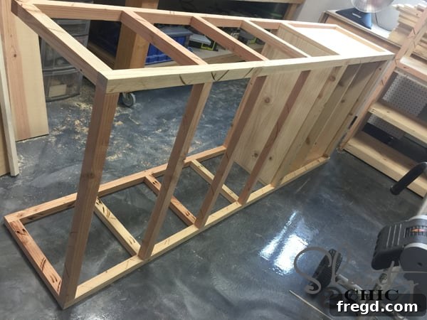 Office tower with front horizontal rails completed