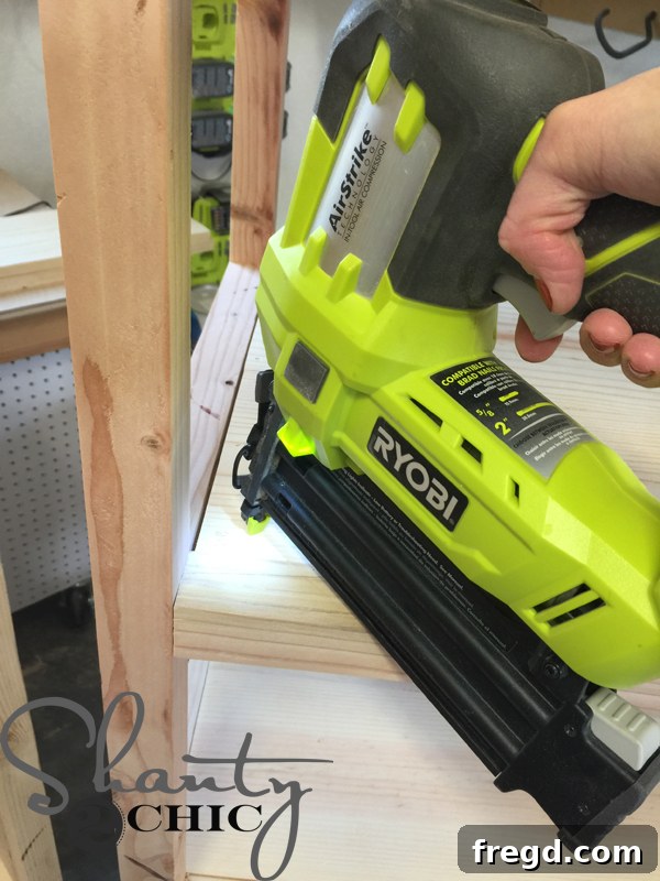 Attaching shelves to cleats with brad nailer