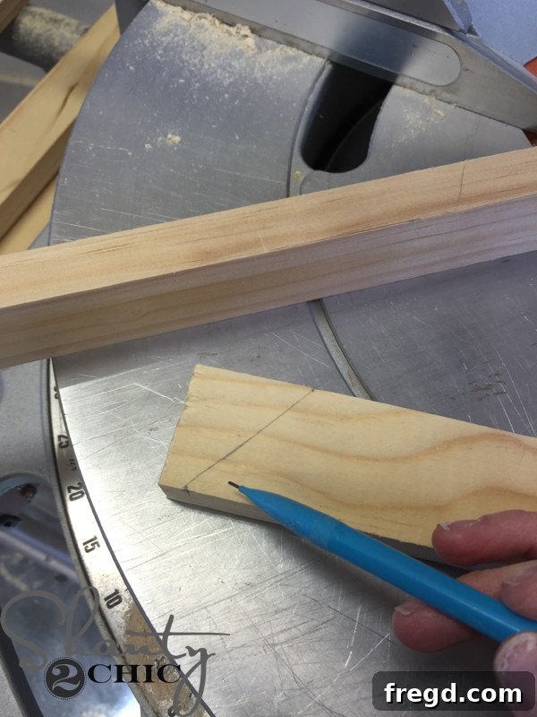 Marking for precise angle cut with miter saw