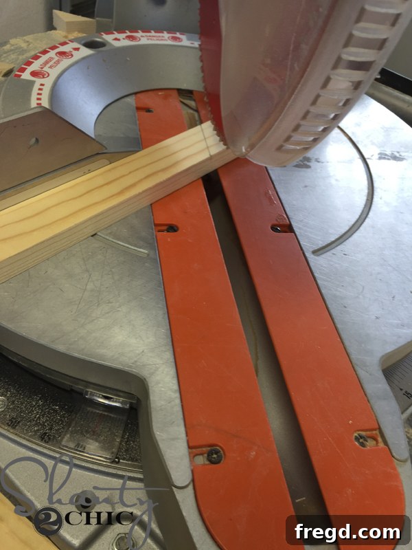 Making the first angle cut for door 'X' pieces