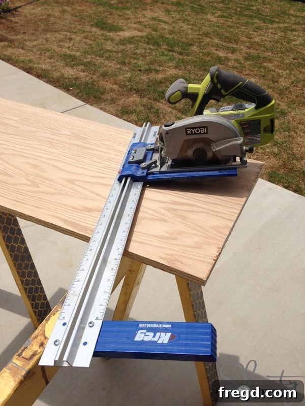 Using a Kreg Rip Cut to cut plywood for the desk top