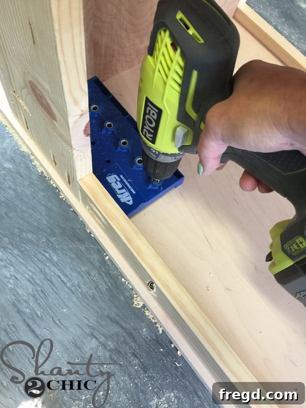 Drilling adjustable shelf pin holes with Kreg jig