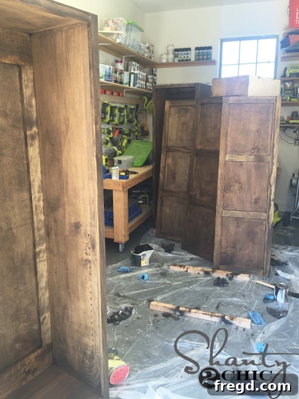 Stained wooden locker components drying