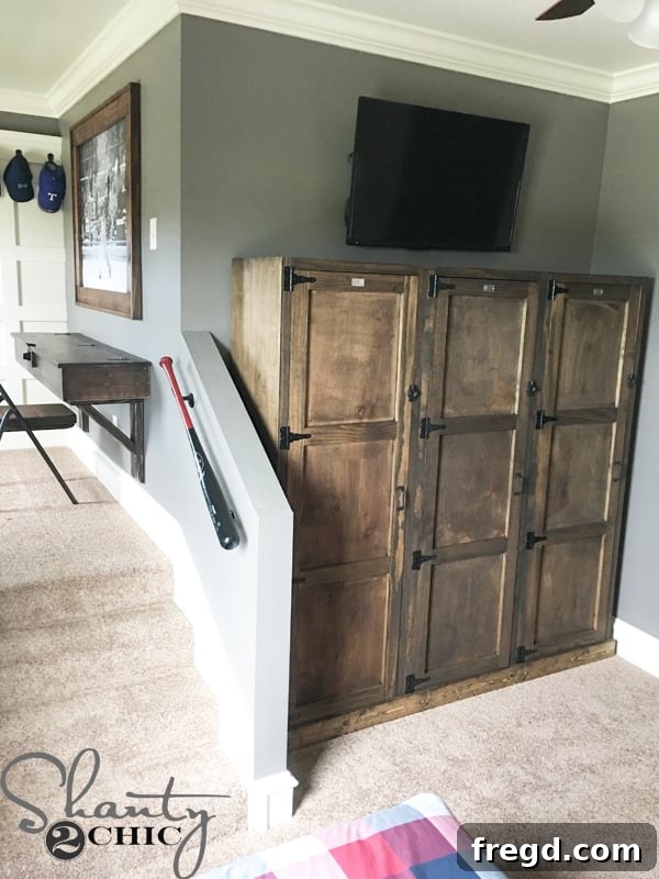 Final look of DIY Wood Lockers in a baseball room