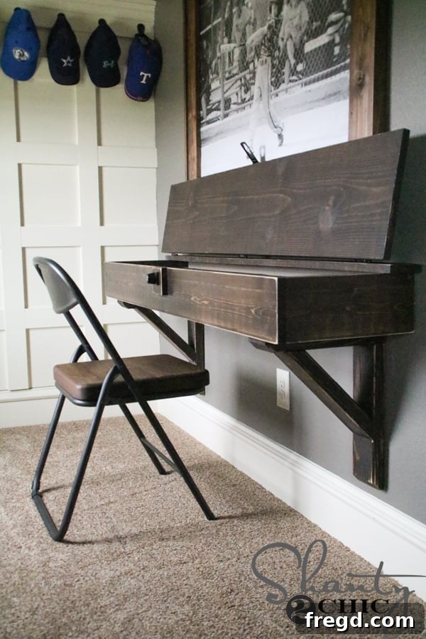 Floating desk with storage, showcasing ample interior space when open