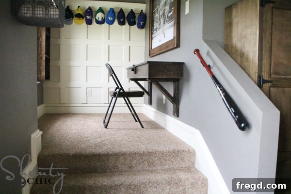 Close-up of DIY desk surface and hidden storage