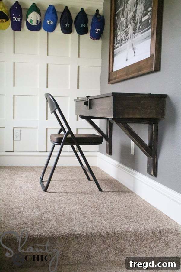 DIY desk on wall, showcasing floating design