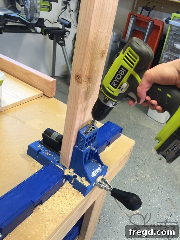 Drilling pocket holes into the 2x4 corbel pieces for assembly