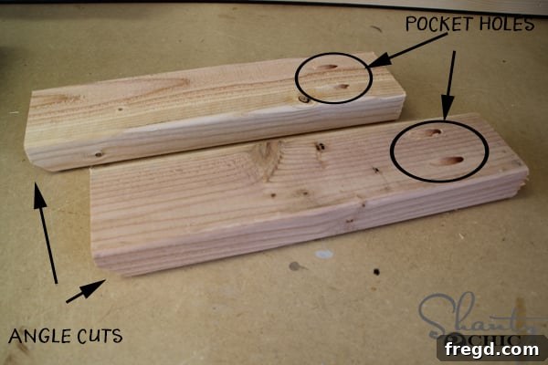 Assembled corbel showing angle cuts and pocket hole placement