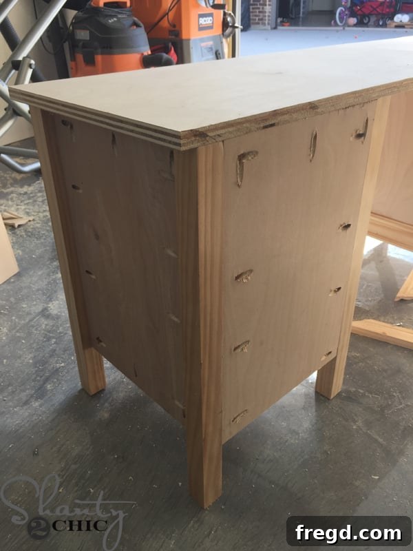 Rear view of vanity with plywood top attached