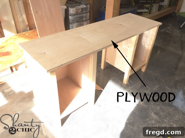 Plywood top installed on DIY kids vanity