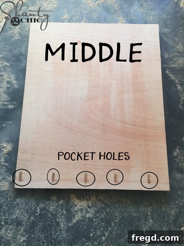 Drilling pocket holes on middle mirror piece for vanity