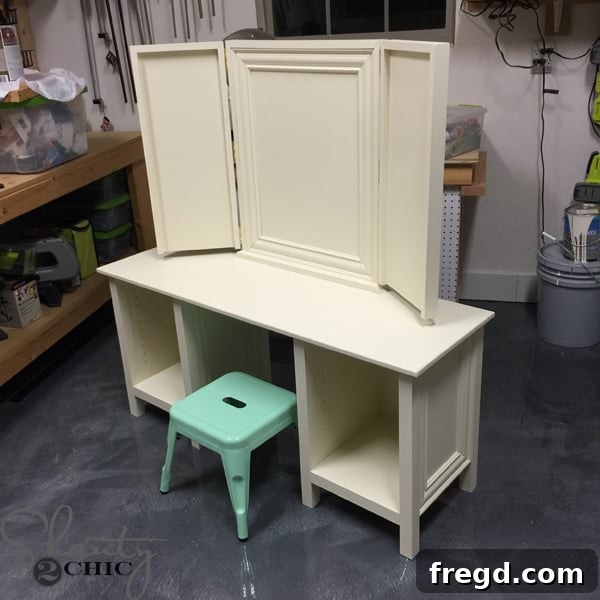 Finished DIY kids vanity painted and with hardware
