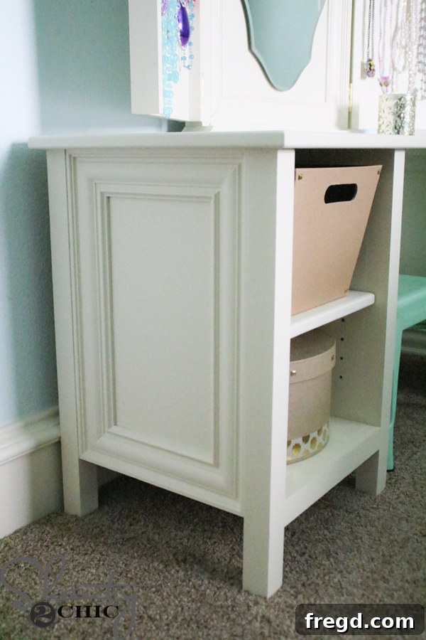 Side view of child's vanity with storage cubbies