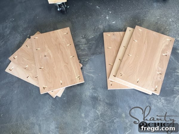 Plywood pieces with pocket holes for vanity assembly