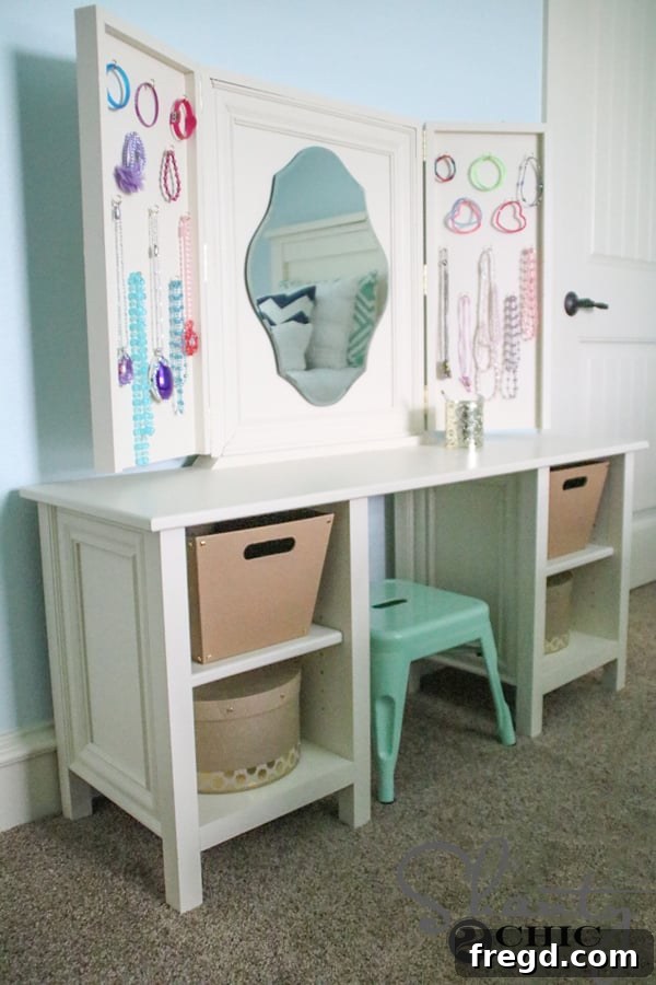 DIY child's vanity with open doors for jewelry