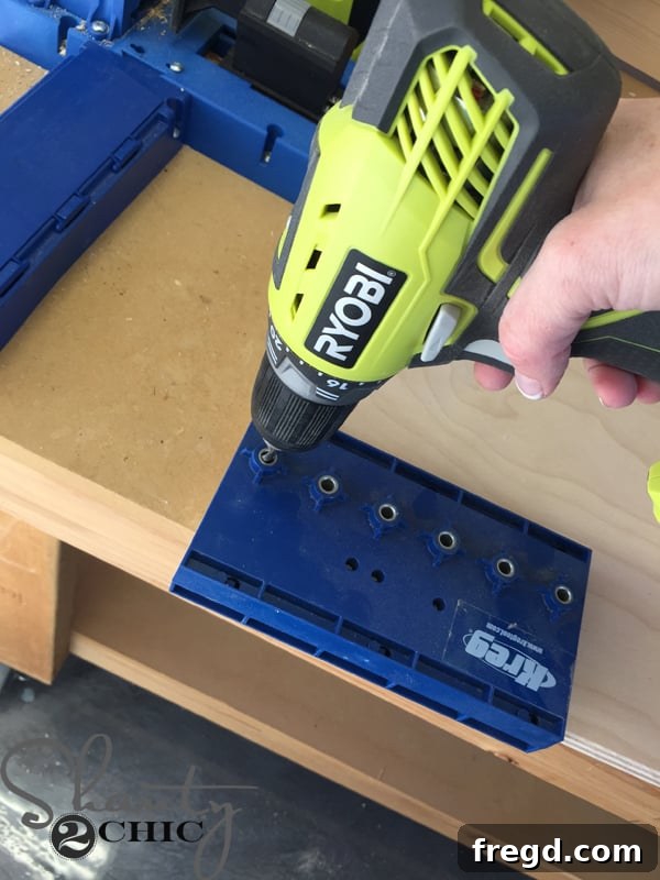 Drilling adjustable shelf pin holes using Kreg jig