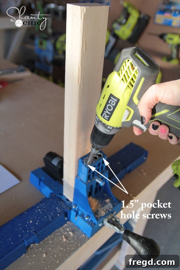 DIY Modern Open Concept Farmhouse Table HGTV Style 5 Drilling pocket holes with a Kreg Jig K5 for apron pieces