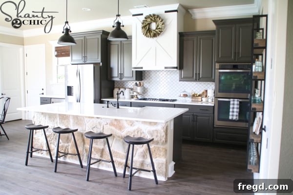 My Kitchen's Laminate Makeover 17 Rustic kitchen renovation with new laminate flooring and exposed wood elements.