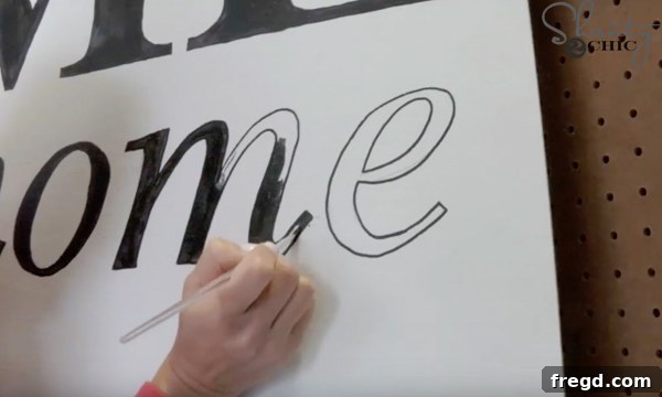 Close-up of traced letters on the sign.