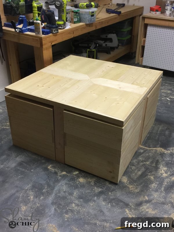 Build Your Own Rolling Storage Ottoman Coffee Table 32 The newly constructed coffee table with its rolling ottomans slid into place, showing a perfect and snug fit.