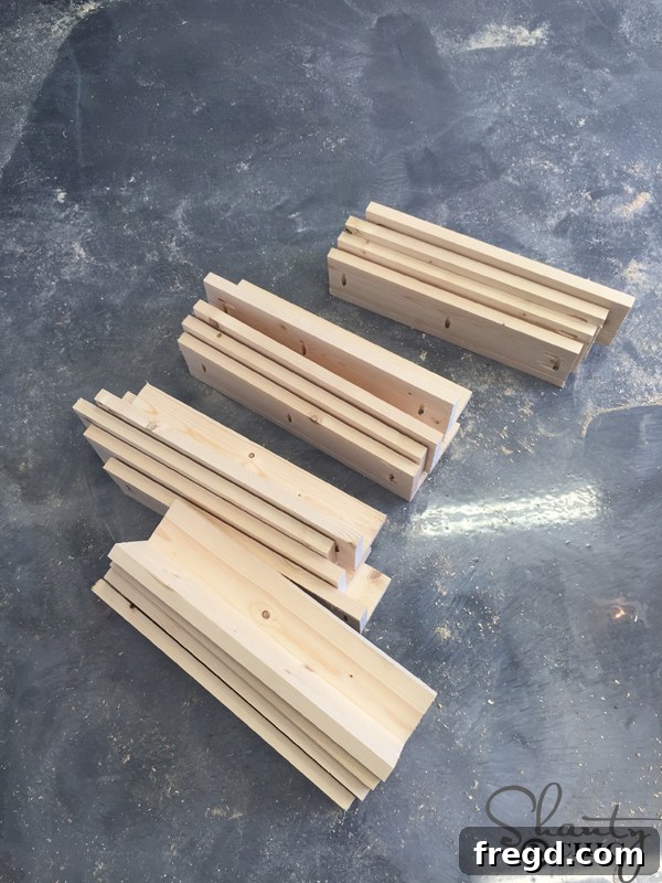 Build Your Own Rolling Storage Ottoman Coffee Table 7 Two wooden support pieces joined at a right angle to form an 'L' shape, fastened with pocket screws and wood glue for strong construction.