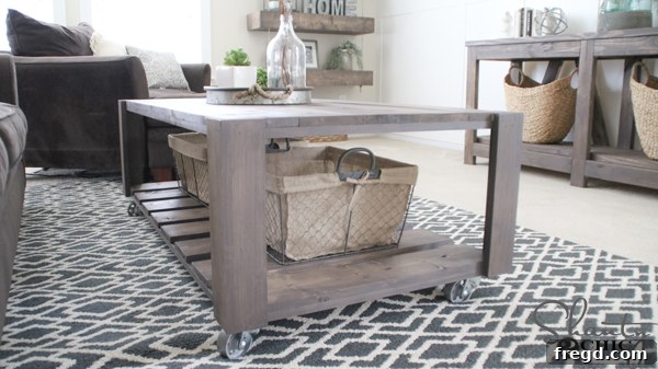 Rolling Crate Coffee Hub 27 Wide shot of the living room, highlighting the coffee table as a centerpiece