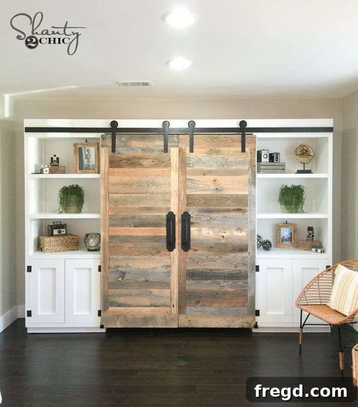 Stunning DIY Barnwood Herringbone Accent Wall 7 A rustic sliding barn door made from reclaimed wood, opening into a cozy study area, showcasing farmhouse interior design.