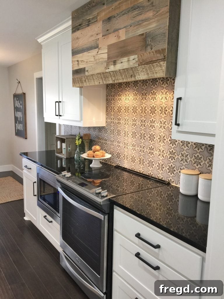 Stunning DIY Barnwood Herringbone Accent Wall 10 Another perspective of a DIY vent hood made from reclaimed wood, demonstrating its versatile design and rustic appeal in a kitchen setting.