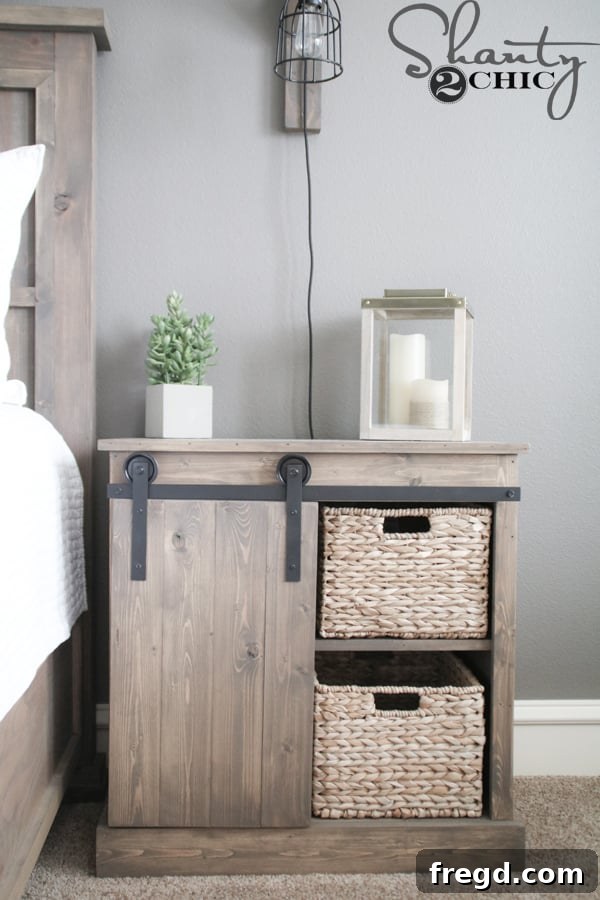 Craft Your Own Sliding Barn Door Nightstand 29 Close-up of the finished DIY Sliding Barn Door Nightstand in a bedroom setting