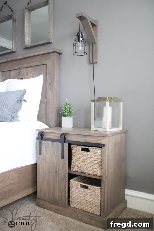 Craft Your Own Sliding Barn Door Nightstand 30 Rustic modern bedroom with two DIY Sliding Barn Door Nightstands