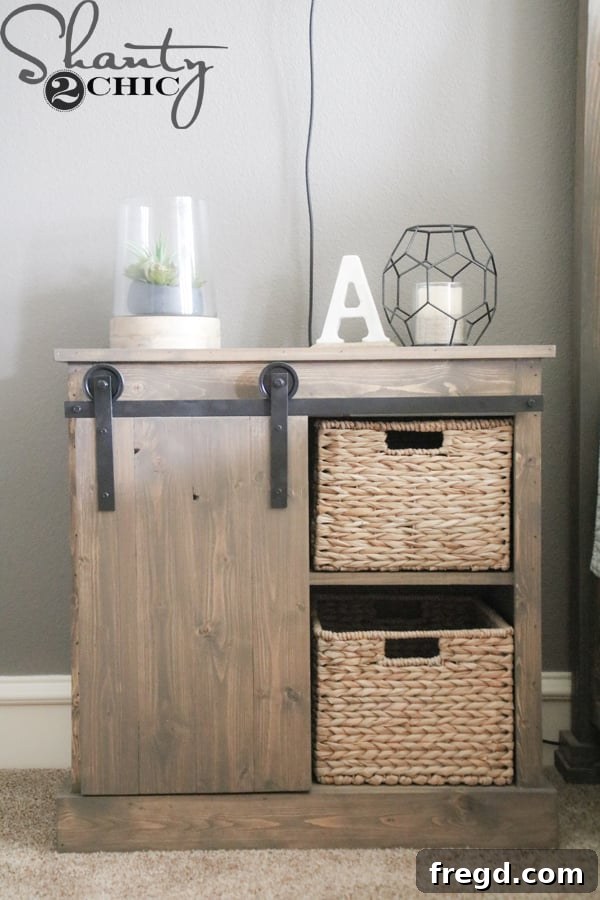 Craft Your Own Sliding Barn Door Nightstand 32 Full shot of the DIY Sliding Barn Door Nightstand, showcasing its unique design