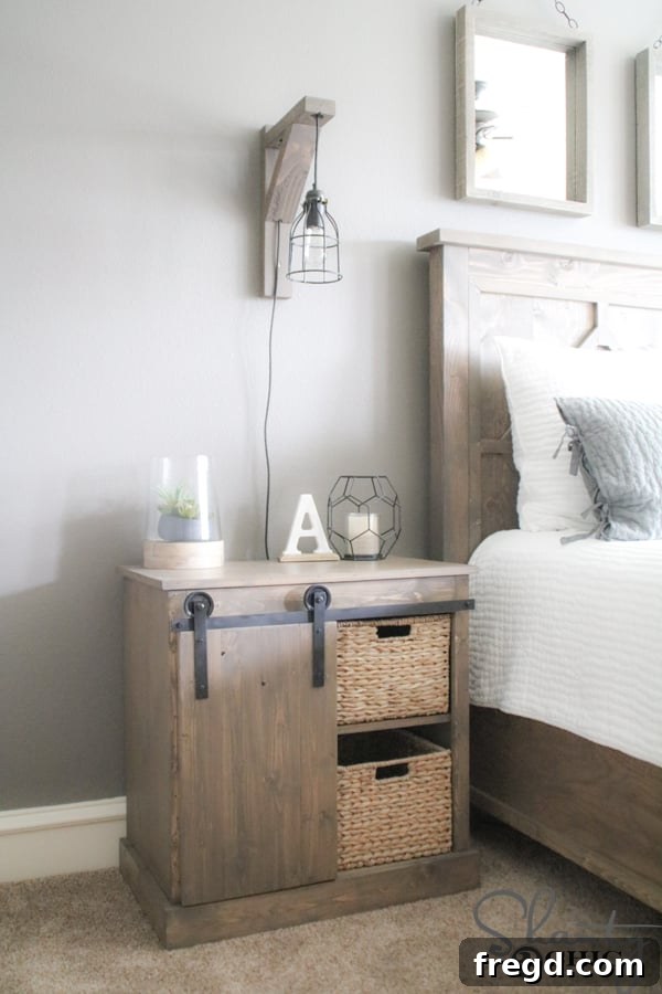 Craft Your Own Sliding Barn Door Nightstand 33 Bedroom interior featuring the DIY Sliding Barn Door Nightstand