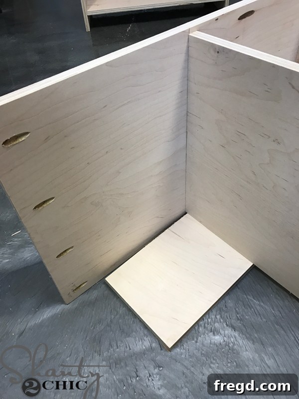 Craft Your Own Sliding Barn Door Nightstand 9 Installing the interior shelf into the nightstand frame, showing proper spacing