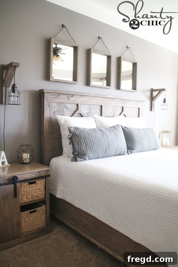 Build Your Own Corbel Sconce for Just $25 12 Overall room view showcasing the sconce as part of a cohesive rustic modern bedroom design.