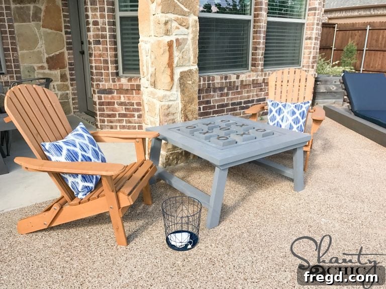 Outdoor patio scene with DIY game table