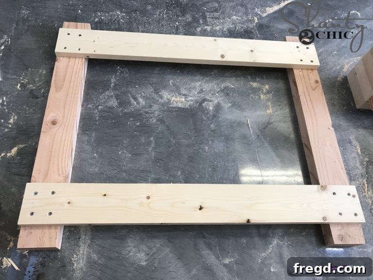 The initial stage of backrest assembly, showing back supports attached to 2x4 slats with wood glue and screws, forming the foundational structure.