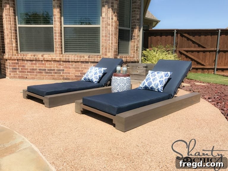 A stylish garden stool placed next to the DIY Outdoor Lounge Chair, serving as a convenient side table for drinks or books.