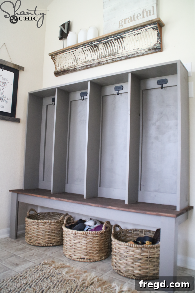 Finished DIY Wall Locker with Built-in Bench, Hooks, and Baskets
